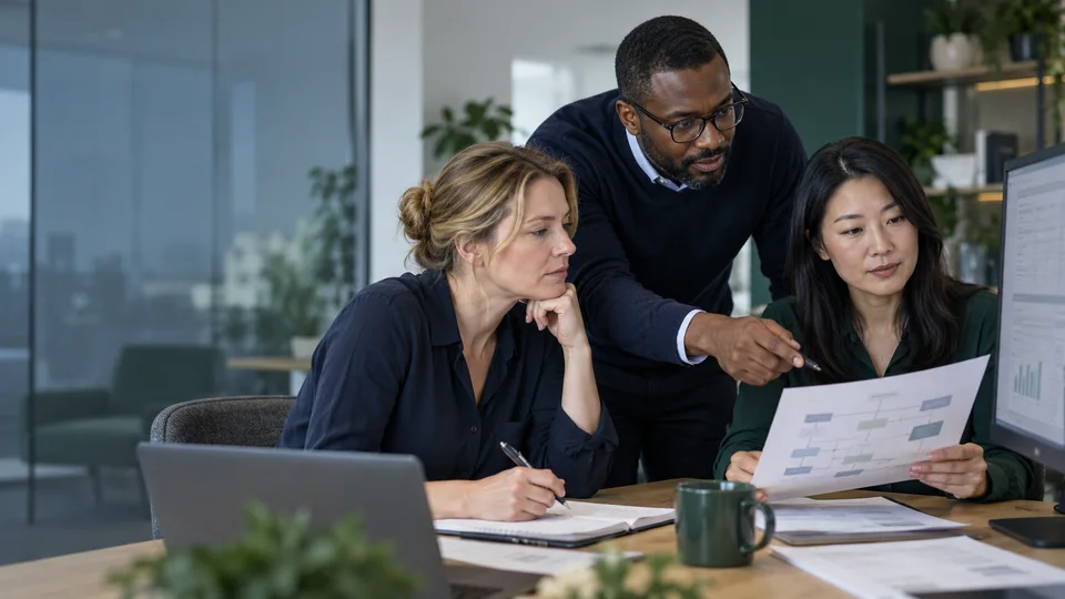Three colleagues reviewing a workflow and a monitor in an office.